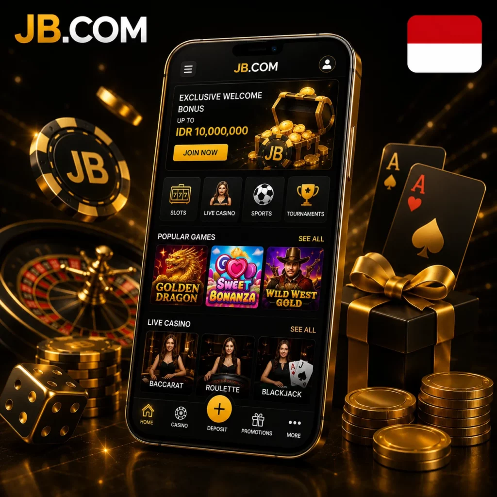 JB Casino mobile casino app with official JB.COM logo and Indonesia flag.