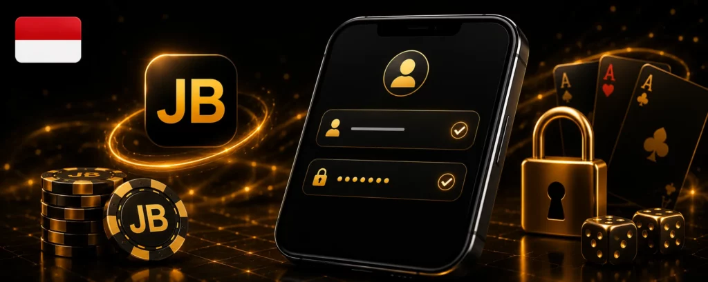 JB Casino registration information with official JB.COM logo, smartphone, and Indonesia flag.